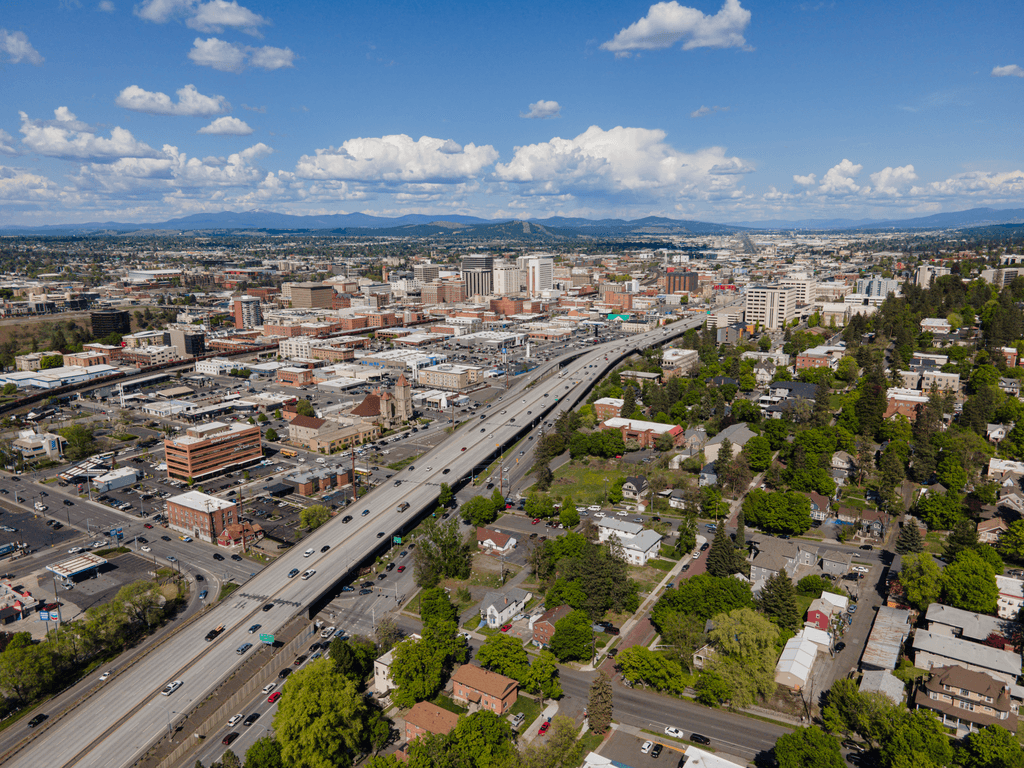 An aerial view of Spokane, Washington.